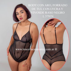 ANDRESSA BODY CON ARO, FORRADO, DE TUL CON LYCRA Y VIVOS DE RASO NEGRO L 5793N - comprar online