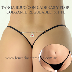 Tanga negra con cadenas y flor colgante regulable, modelo 661 TU.