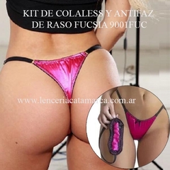 Kit de colaless y antifaz de raso fucsia, incluye una prenda íntima y un antifaz.
