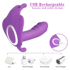 Imagen de FLY TRIPLE ESTIMULADOR DE TANGA VAGINAL, ANAL Y CLITORIS CON 10 MODO DE VIBRACION RECARGABLE CON CONTROL APP C 9008PURPLE