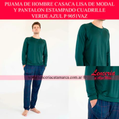 Comprar pijama de hombre invierno manga larga modal verde y pantalón cuadrille azul. Conjunto ropa para dormir masculina cómoda con bolsillos. Ropa de entrecasa online.