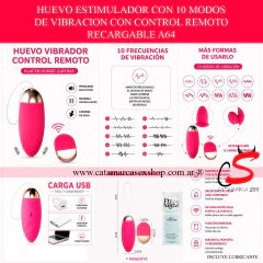 Huevo vibrador estimulador color magenta con detalles oro rosado marca Manu. Juguete erótico portátil con control remoto inalámbrico, 10 modos de vibración, cordón de extracción y recargable por USB. Incluye sachet de lubricante íntimo a base de agua.