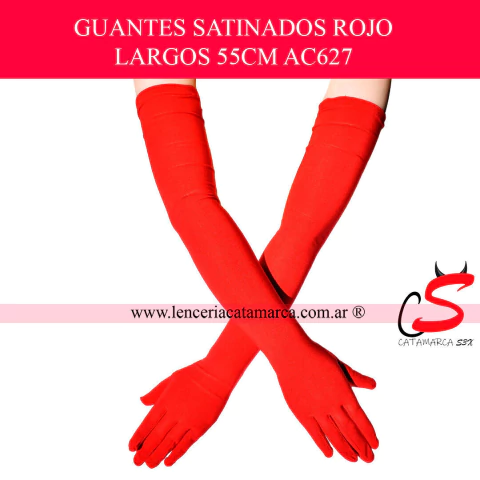 Par de guantes largos rojos satinados de 55cm, a la venta en Lencería Catamarca. Accesorio ideal para disfraz, fiesta, lencería o cotillón.