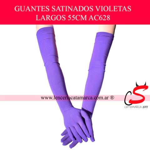 Par de guantes largos violetas satinados de 55cm, a la venta en Lencería Catamarca. Accesorio ideal para disfraz, fiesta, lencería o cotillón.