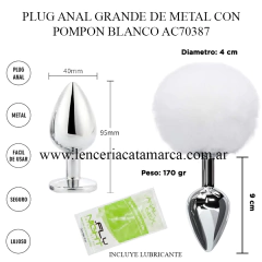 SSA PLUG ANAL GRANDE DE METAL CON POMPON BLANCO AC70387