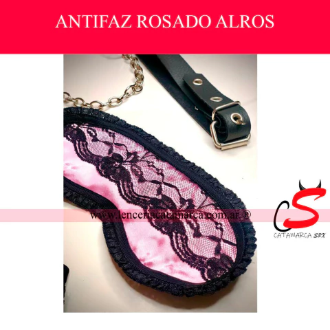 Antifaz rosado de raso y encaje negro. Accesorio de lencería erótica y BDSM