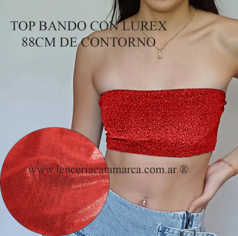Top bando strapless rojo con lurex, 88cm de contorno. Lencería, top brillante. Lencería Catamarca.