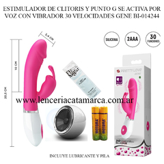 Estimulador de clítoris y punto G en color rosa, con vibrador que se activa por voz, incluye lubricante y pilas. Dimensiones: 20.5 cm de alto y 3.4 cm de ancho.