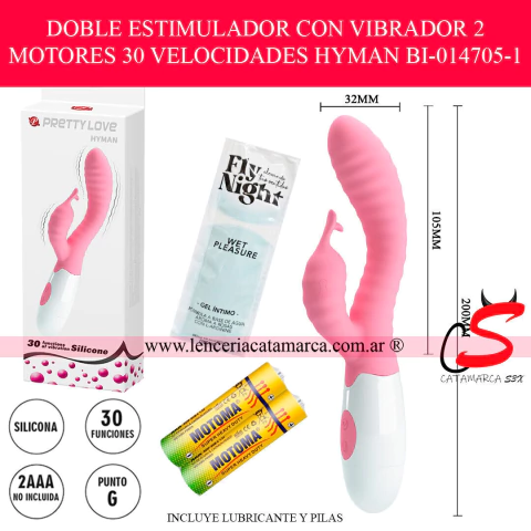 Vibrador doble estimulador "Hyman" de Pretty Love, silicona rosa, 2 motores y 30 funciones. Incluye pilas y lubricante. Venta en Lencería Catamarca.