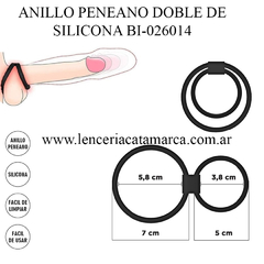 Imagen del anillo peneano doble de silicona modelo BI-026014, mostrando sus dimensiones y características.
