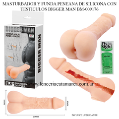 Masturbador y funda peneana de silicona con testículos Bigger Man BM-009176, incluye lubricante y presenta un diseño realista.