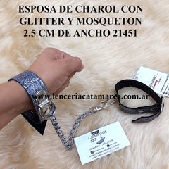 SADO ESPOSA DE ECO CUERO CON CADENAE Y 1 MOSQUETON FINA PLATEADA CON GLITTER ANCHO 2.5 CM CE 21451PG