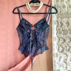 FRAN CONJUNTO BUSTIER CRAS DE MICROTUL Y PUNTILLA Y COLALESS REGULABLE AZUL NOCHE Y NEGRO BUSTIERCRASAZN - CATAMARCASEX LENCERIA Y SEX SHOP