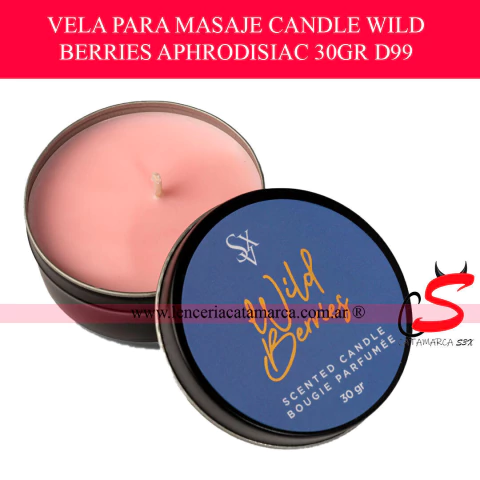 Vela para masajes Sexitive "Wild Berries" (frutos rojos), aceite tibio corporal afrodisíaco, a la venta en Lencería Catamarca. Cosmética erótica.