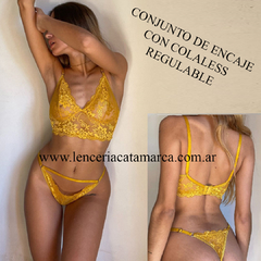 BORGO CONJUNTO TOP TRIANGULO DE ENCAJE Y COLALESS REGULABLE MOSTAZA DIJON