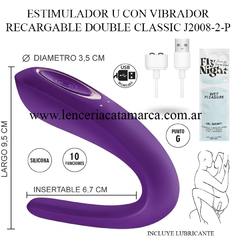Estimulador U recargable en color púrpura, diseñado para la estimulación del punto G, con 10 funciones y dimensiones específicas.