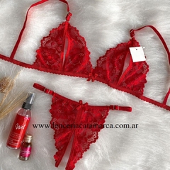 MIN EROTIC CONJUNTO TRIANGULO ABIERTO EN EL PRECHO Y TANGA HILO ABIERTA REGULABLE ROJO
