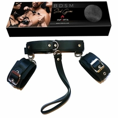 INFARTA COLLAR CON CORREA Y ESPOSAS FIJAS DE ECO CUERO NEGRO FA-0642-01-1 - CATAMARCASEX LENCERIA Y SEX SHOP