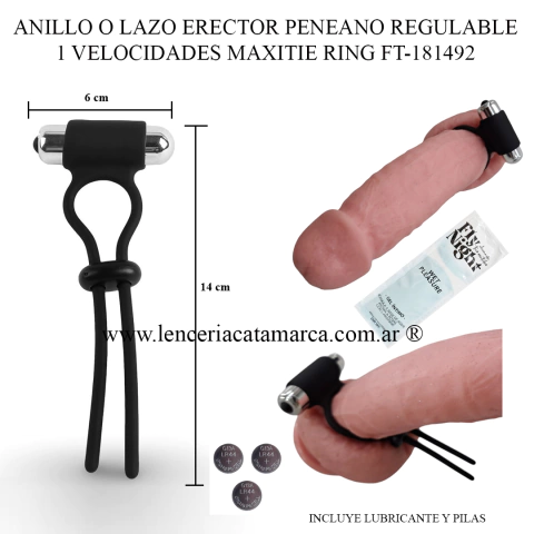 Anillo o lazo erector peneano de color negro, con vibrador de 1 velocidad. Incluye lubricante y pilas. Juguete sexual masculino