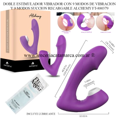 Doble estimulador Alchemy de silicona morada, con 9 modos de vibración y 9 modos de succión. Juguete sexual recargable.
