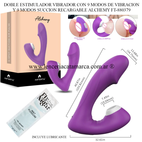 Doble estimulador Alchemy de silicona morada, con 9 modos de vibración y 9 modos de succión. Juguete sexual recargable.