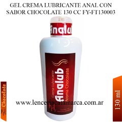 Gel crema lubricante anal con sabor chocolate de 130 cc, envase blanco con etiqueta roja.