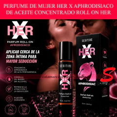 perfume afrodisiaco para mujer en aceite concentrado sexitive her x roll on 10ml sin alcohol con bouquet floral de rosas flores blancas y acordes dulces para seduccion y zonas intimas.