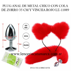 SSA PLUG ANAL DE METAL CHICO CON COLA DE ZORRO 35 CM Y VINCHA ROJO LE-11089