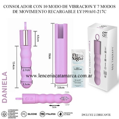 Consolador recargable de color rosa con 10 modos de vibración y 7 modos de movimiento, acompañado de gel lubricante y caja de presentación.