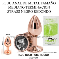 ST PLUG ANAL MEDIANO DE METAL STRASS GOLD ROSE ROUND NEGRO M001-2 M BLACK