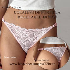 Colaless de puntilla regulable en color rosado, diseñado por Victoria Cossy, mostrando detalles de encaje y ajuste lateral.