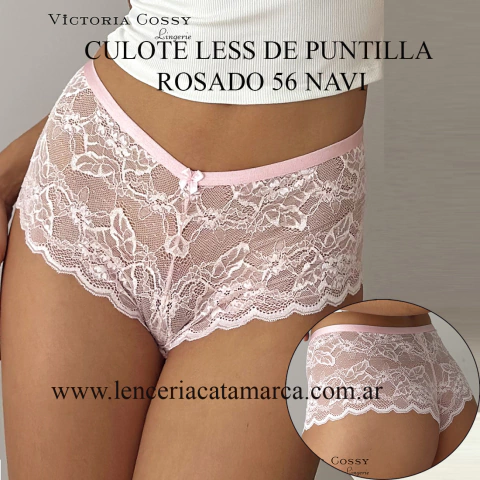 Culote rosa de encaje con detalles de puntilla, modelo Less de Victoria Cossy, mostrando el diseño y la textura.