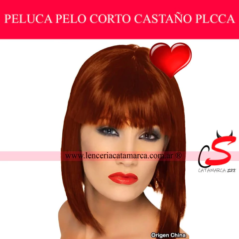 Peluca de pelo corto color castaño con flequillo, estilo bob, a la venta en Lencería Catamarca. Accesorio ideal para disfraz o cambio de look.