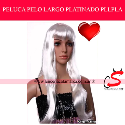 Peluca de pelo largo color platinado con flequillo recto, a la venta en Lencería Catamarca. Accesorio ideal para disfraz, Halloween o cambio de look.
