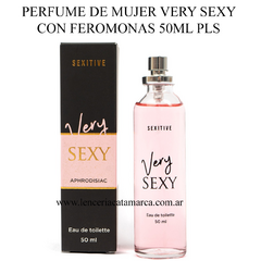 Frasco de perfume de mujer Very Sexy con feromonas de 50 ml, presentado en una caja elegante.