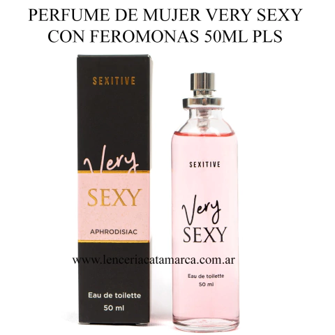 Frasco de perfume de mujer Very Sexy con feromonas de 50 ml, presentado en una caja elegante.