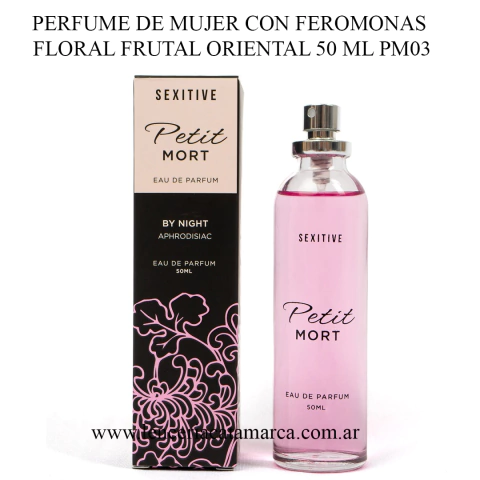 Frasco de perfume de mujer Petit Mort de Sexitive, con packaging elegante y detalles florales, 50 ml.