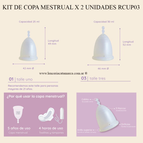 Kit de copa menstrual RCUP03 con dos talles (25ml y 30ml), color blanco translúcido. Producto de higiene femenina, sostenible. Sex shop Catamarca.