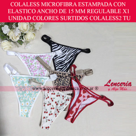 Colaless de microfibra estampada COLALESS2 TU. Esta tanga de microfibra con elástico ancho y regulable viene en colores y estampados surtidos. Es de talle único. Ofrecemos envío discreto a Catamarca, Tucumán, Aguilares, Concepción, Alberdi, Córdoba, Rosar