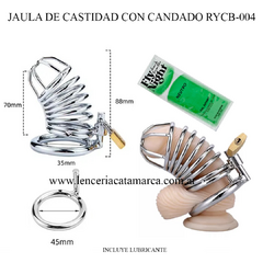 Jaula de castidad con candado modelo RYCB-004, incluye lubricante y medidas detalladas en la imagen.
