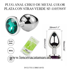SSA PLUG ANAL CHICO DE METAL COLOR PLATA CON STRAS VERDE SF-11053SSV