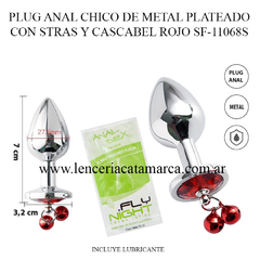 SSA PLUG ANAL CHICO DE METAL PLATEADO CON STRAS Y CASCABEL ROJO SF-11068S