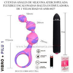 ST INEXPULSABLE ANAL SILICONA FLEXIBLE ROSADO FUCSIA PILU 1 Y BALITA ESTIMULADORA VIBRADORA ST-ANB-0027-V
