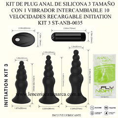 ST KIT DE PLUG ANAL DE SILICONA 3 TAMAÑO CON 1 VIBRADOR INTERCAMBIABLE 10 VELOCIDADES RECARGABLE INITIATION KIT 3 ST-ANB-0035