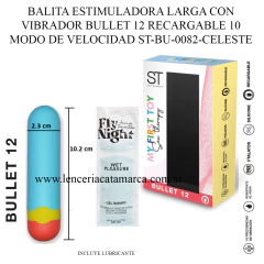 Balita estimuladora larga de color celeste con vibrador bullet, incluye lubricante y muestra de gel íntimo. Dimensiones: 10.2 cm de largo y 2.3 cm de diámetro.