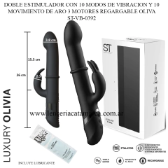 Estimulador doble con 10 modos de vibración y 10 movimientos de aro, 3 motores, color negro, incluye lubricante.