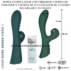 Estimularador doble con vibrador y succionador de clítoris, color verde oscuro, recargable, con 8 modos de vibración y 8 modos de succión.