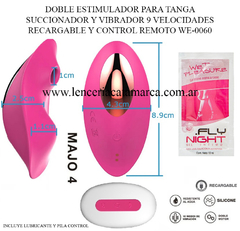 ST DOBLE ESTIMULADOR DE CLITORIS CON SUCCIONADOR Y VAGINA PARA TANGA RECARGABLE CON CONTROL REMOTO MAJO 4 ST-WE-0060