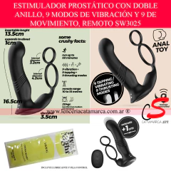 Estimulador de próstata con doble anillo de silicona. Juguete sexual masculino con vibración, golpeteo y control remoto.