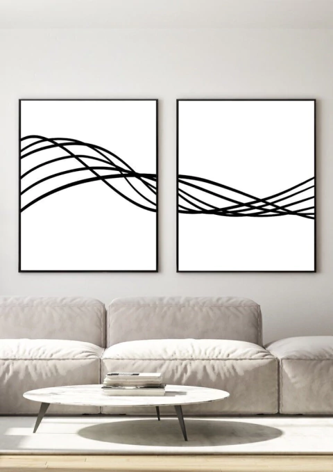 Conjunto com 2 Quadros Decorativos - Linhas Branco Díptico N.01 + Linhas Branco Díptico N.02